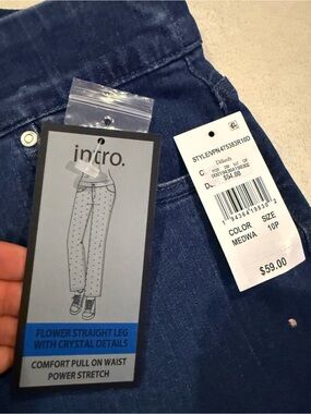intro. Flower Straight-Leg Jeans with Crystal Accents - Deep Blue